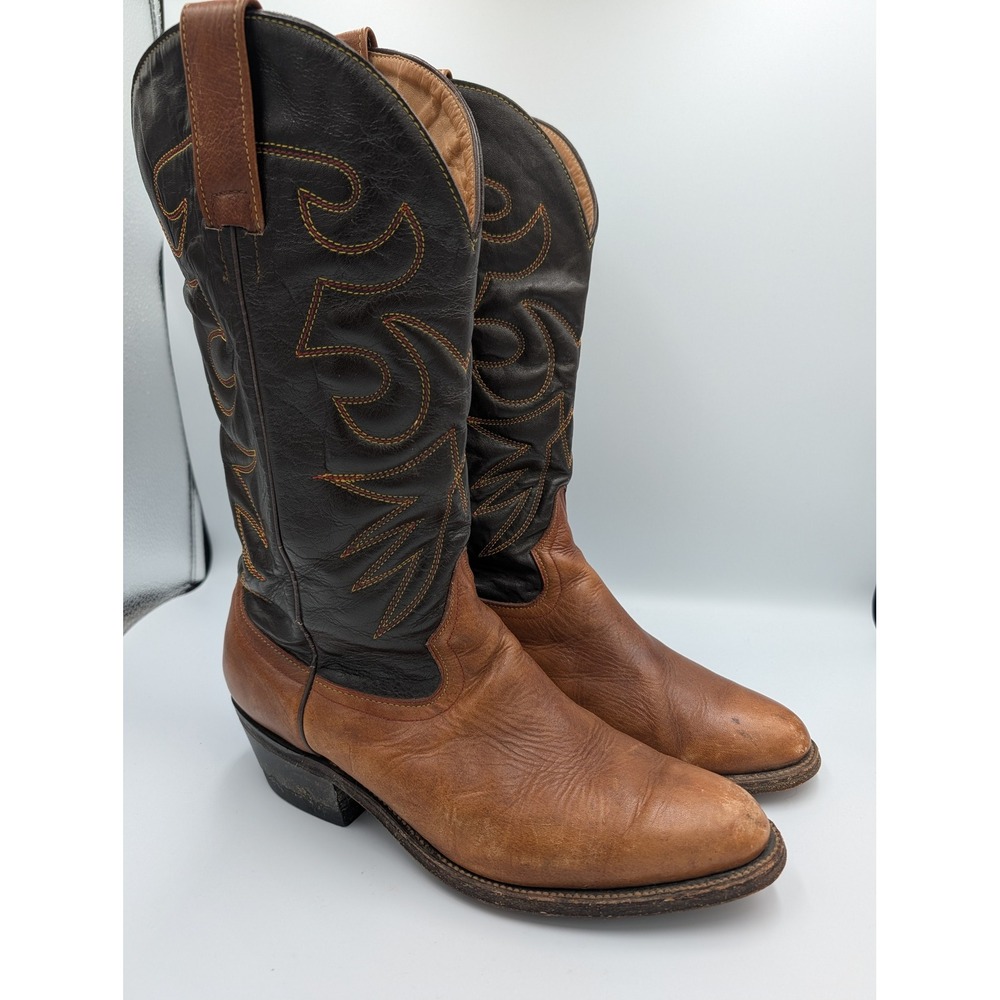 Rare Fravel Mens Leather Cowboy Boots Brown Two Tone Stitched 10D